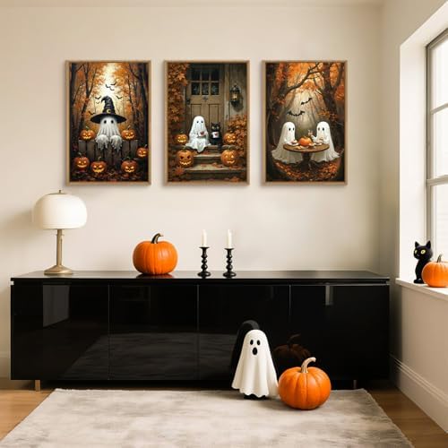 FWIEXA Halloween Cute Ghost Pumpkins Canvas Wall Art Set of 3, Vintage Witchy - Image 5