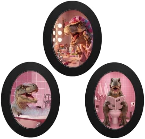 3Pcs Cute Pink Dinosaur Bathroom Oval Wall Art Framed Trendy Preppy Decor by Unknown