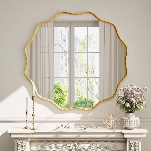 Gold Scalloped Circle Mirror 36" Wavy Edge Round Wall Mirror by Unknown