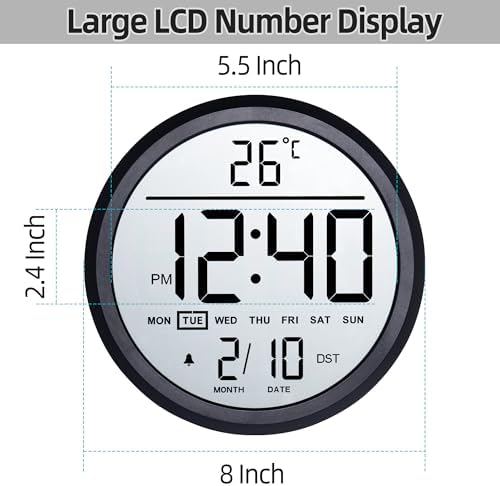 8" Round LCD Digital Wall Clock Battery Operated - Image 2