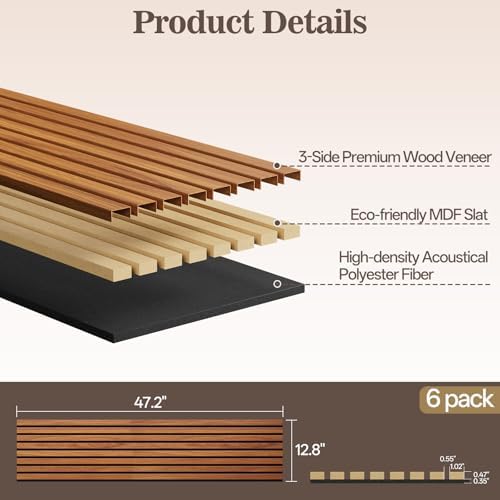6 Pack Acoustic Wood Panels for Wall 47.24" x 12.79" Soundproof - Image 2