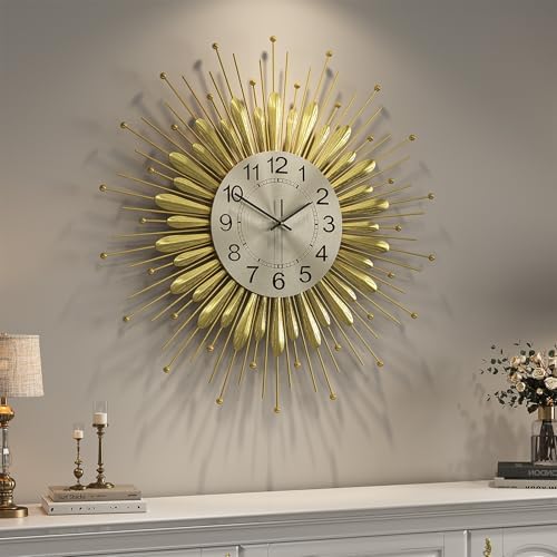 Cuspin 24 Inch Gold Wall Clock Mid Century Sunburst Metal Decorative Clock by Cuspin
