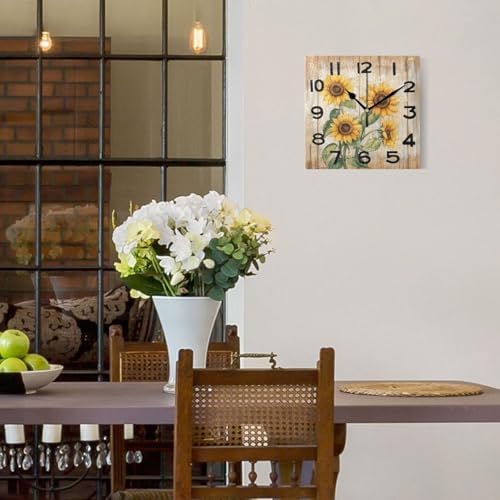 8 Inch Square Wall Clock, Retro Board Blooming Sunflowers Non Ticking Battery - Image 2
