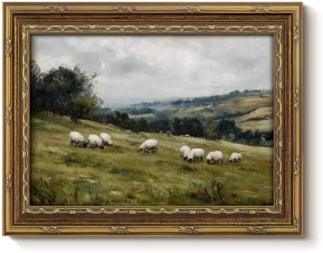 InSimSea Vintage Landscape Wall Art, Sheep Grazing Field Painting Prints by InSimSeaArt