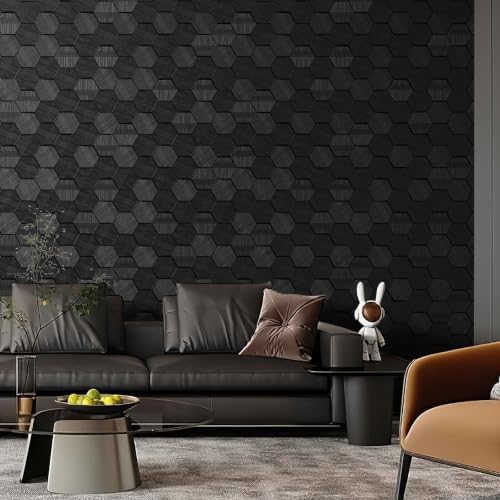 Black Textured 3D Embossed Hexagon Geometric Wallpaper 17.3in x 39.4ft - Image 6