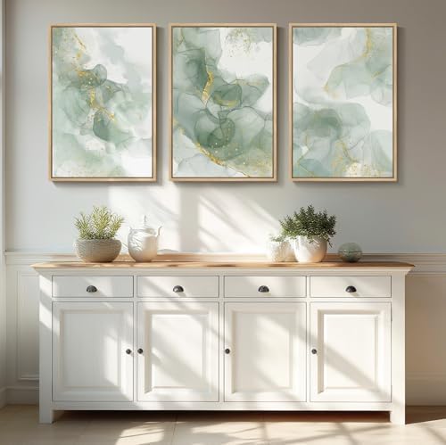 Large Framed Sage Green Gold Abstract Wall Art, 3 Piece Set, Each 20x30 In - Image 4