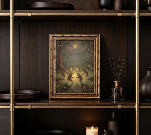 Vintage Gold Framed Frog Wall Art, Frogs Dancing in Moonlight Forest Painting - Image 2