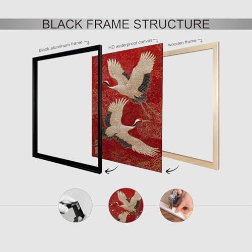 Retro Japanese Canvas Wall Art Funny Oriental Crane Posters Red And Gold Bird - Image 6
