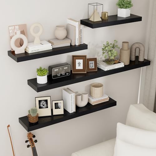 fuqing Black Floating Shelves for Wall, 17 Inch Wood Wall Shelves Set of 3 - Image 2