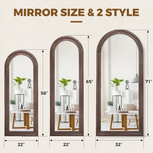 58x22 Solid Wood Arched Full Length Mirror, Elegant Brown Finish - Image 2