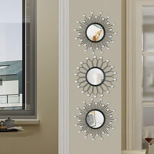 3 Pack Metal Mirrors for Wall Sunburst Wall Mirror Black Crystal Wall Art - Image 5