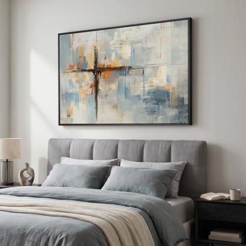 Extra Large Framed Blue Orange Abstract Cross Wall Art, Horizontal 60x40 In - Image 2