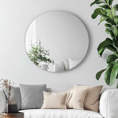 Oruii Round Mirror, 24 inch Silver Circle Mirror, Bruhsed Nickel Metal Frame - Image 6