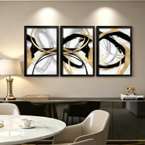 LYYGLYY 3Pcs Black Framed Abstract Black Gold Canvas Wall Art 16x24 Inch - Image 3