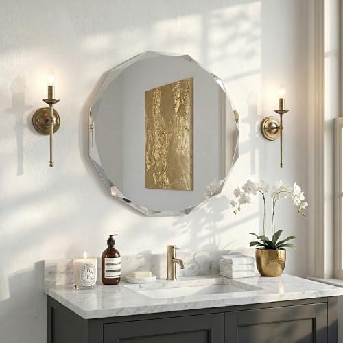 30" Large Round Frameless Wall Mirror, Faceted Diamond Edge Bathroom Vanity - Image 2