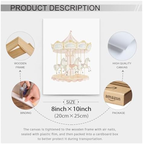 Pink Watercolor Carousel Wall Art Fashion Cute Kids Canvas Poster 08x10 inch - Image 2