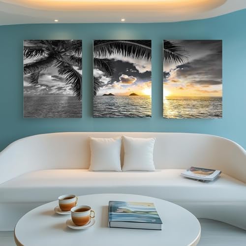 Yxbhhym Sunset Beach Canvas Wall Art Bathroom Black and White Coastal Wall - Image 3