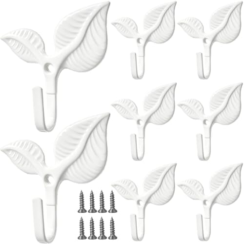 Set of 8 Vintage Leaf Wall Hooks White Metal Coat Hooks Heavy Duty Decorative by Unknown