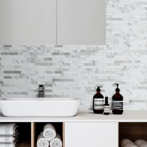 DICOFUN 2 Sheets White Peel and Stick Backsplash Tile, Faux Stone PVC Mixed - Image 4