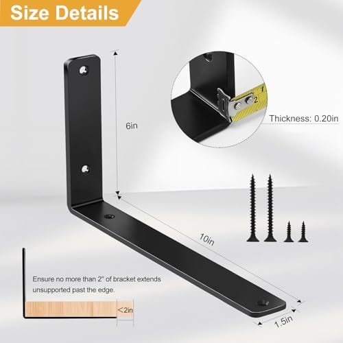 6 Pack - L 10" x H 6" x W1.5, 5mm Thick Black L Shelf Bracket, Iron Shelf - Image 2