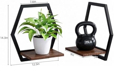 2 Pack Hexagon Wall Plant Stands, 9 Inch Walnut Wood Shelf Black - Image 4
