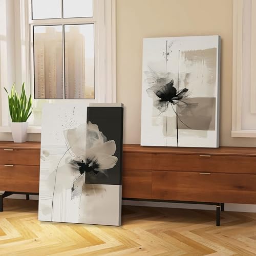2Pcs Framed Neutral Abstract Canvas Wall Art Floral Pictures Modern Minimalist - Image 3