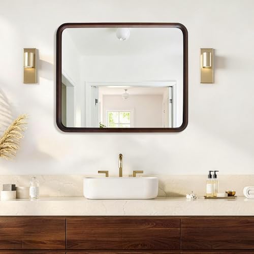 Bathroom Mirror for Wall, Wood Rectangle 30 x 36 inch Vanity Walnut Mirrors - Image 5