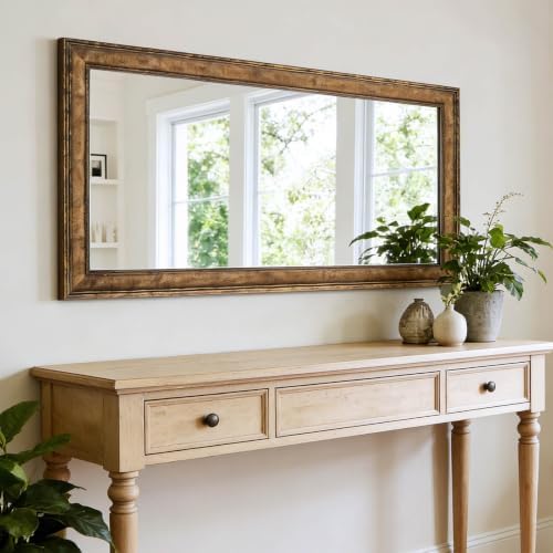 Large Antique Gold Solid Wood Frame Mirror, Rectangle Wooden Mirrors by AutdotWallMirrors