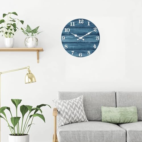XFM Blue Wood Wall Clock Battery Operated 10 Inch Silent - Image 2