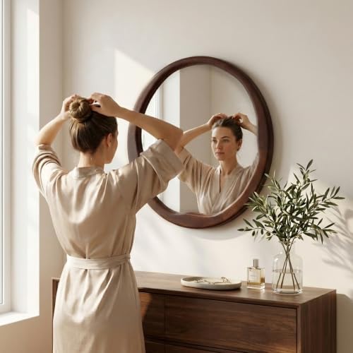 Dark Walnut 30 Inch Round Wood Wall Mirror, Asymmetrical Inner Edge - Image 6
