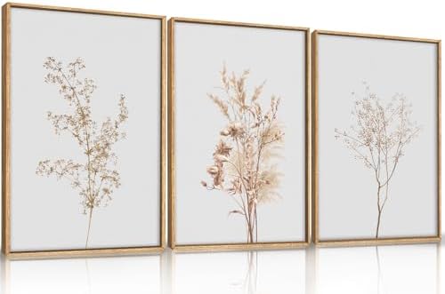 Large Boho Beige Floral Framed Canvas Wall Art Set -16"x24"x3 - Image 5