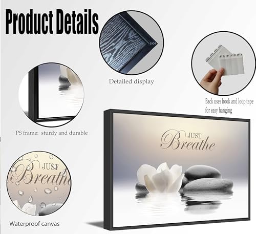 Framed-Zen White Lotus Wall Art, Just Breathe Bathroom Decor - Image 3