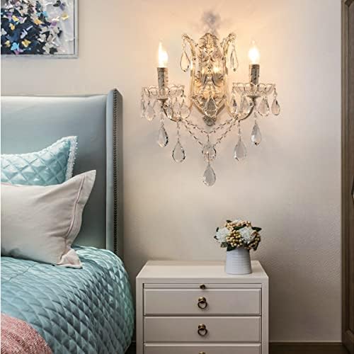 YLONG-ZS French Country Crystal Wall Sconce, 2-Light Distressed White Gold - Image 3