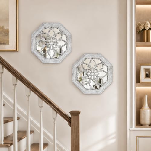 2 Pack 12 Inch Octagon Grey Rustic Wood Frame Acrylic Wall Mirrors, Farmhouse - Image 5