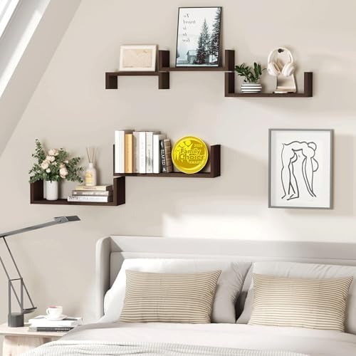 SRIWATANA Dark Walnut Floating Shelves, 5-Piece Set Wood Wall Storage Unit - Image 2