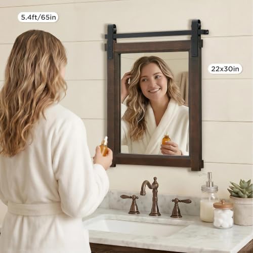 Besdomus Rustic Bathroom Vanity Mirror: 22"x30" Brown Farmhouse Barn Door - Image 3