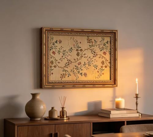 Vintage gold framed Floral Vine wall art Retro Beige Botanical Painting Canvas - Image 2
