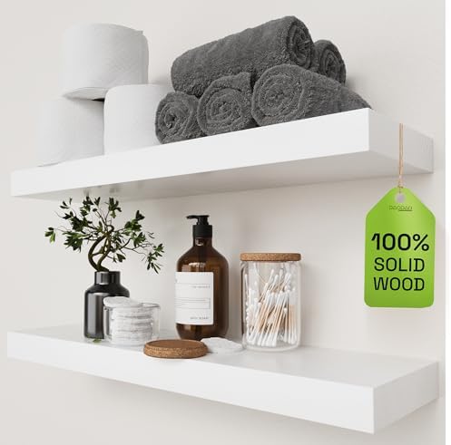 Solid Wood Floating Shelves for Wall 24 Inch White, Wooden Bathroom Shelf by BAOBABWORKSHOP