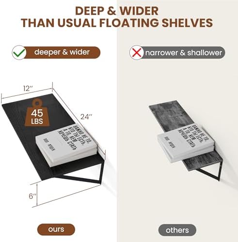 Heimlove 24W x 12D Deep Floating Shelves Set of 2 Black - Image 3