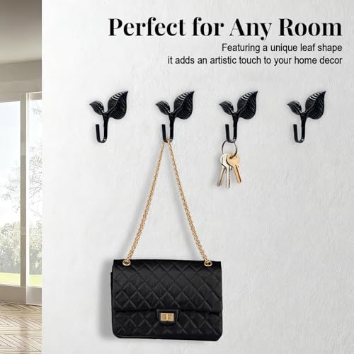 4 Pack Black Iron Leaf Wall Hooks, Bathroom Towel Hooks - Image 3