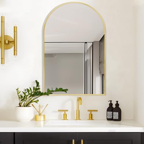 Gold Arched Mirror 28x36in, Metal Framed Bathroom Vanity Wall - Image 6