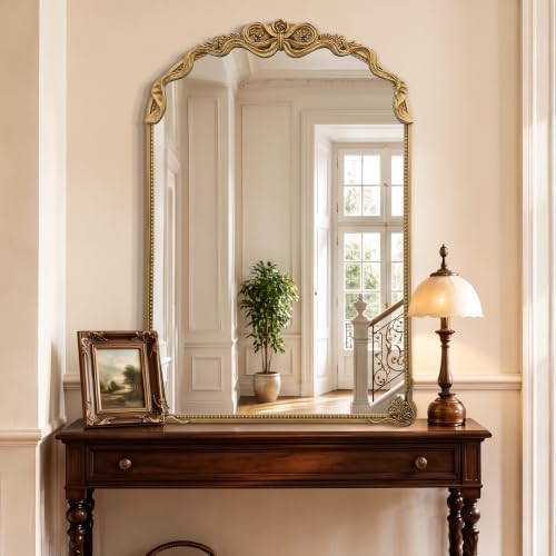 Besdomus Large Vintage Gold Mirror: 30"x44" French Baroque Arch Bow Mirrors by Besdomus