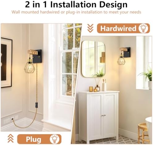 Lomoky Rustic Plug in Wall Sconces Set of 2, Vintage Wall Light Fixtures - Image 4
