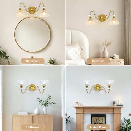 Vintage Bathroom Vanity Light, 2-Light Brushed Gold Finish Wall Sconce - Image 5