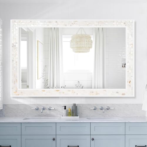 White Framed Mosaic Shell Bathroom Mirror 24x47 Inch - Image 6