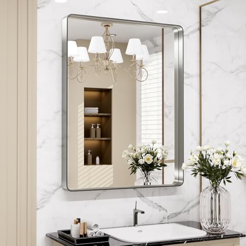 LOAAO 28X36 Inch Brushed Nickel Bathroom Mirror by LOAAO