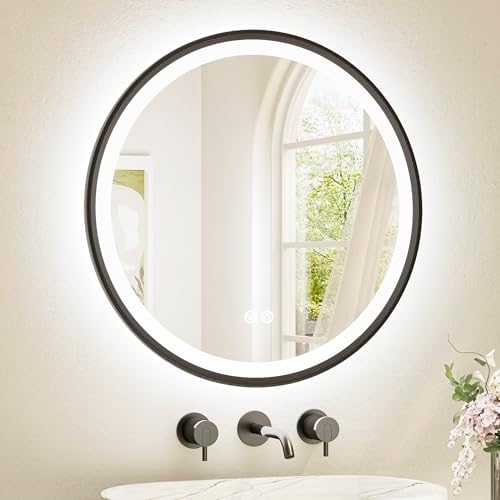 TETOTE Round Led Lighted Bathroom Mirror Matte Black Frame 24 Inch Front and by TETOTE