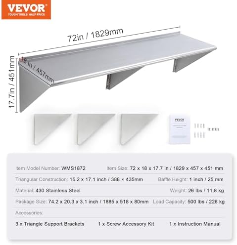 VEVOR 18" x 72" Stainless Steel Shelf, Wall Mounted Floating Shelving - Image 3