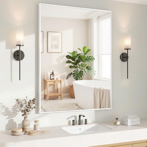 Koonmi White Rectangle Wall Mirror, 30x40 Inch Bathroom Mirror, Aluminum Frame by KOONMI
