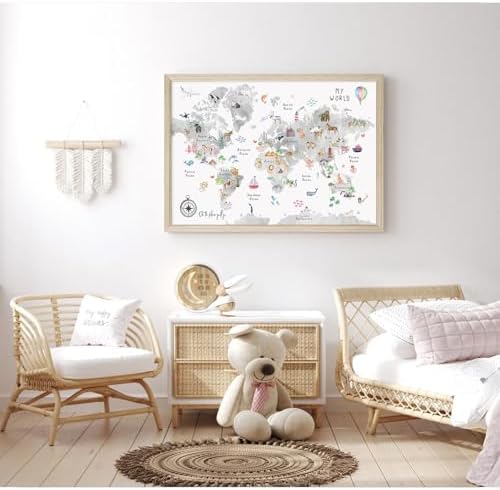 Joocrise Grey Kids World Map Wall Art Animal Map Canvas Wall Art Nursery Wall - Image 3